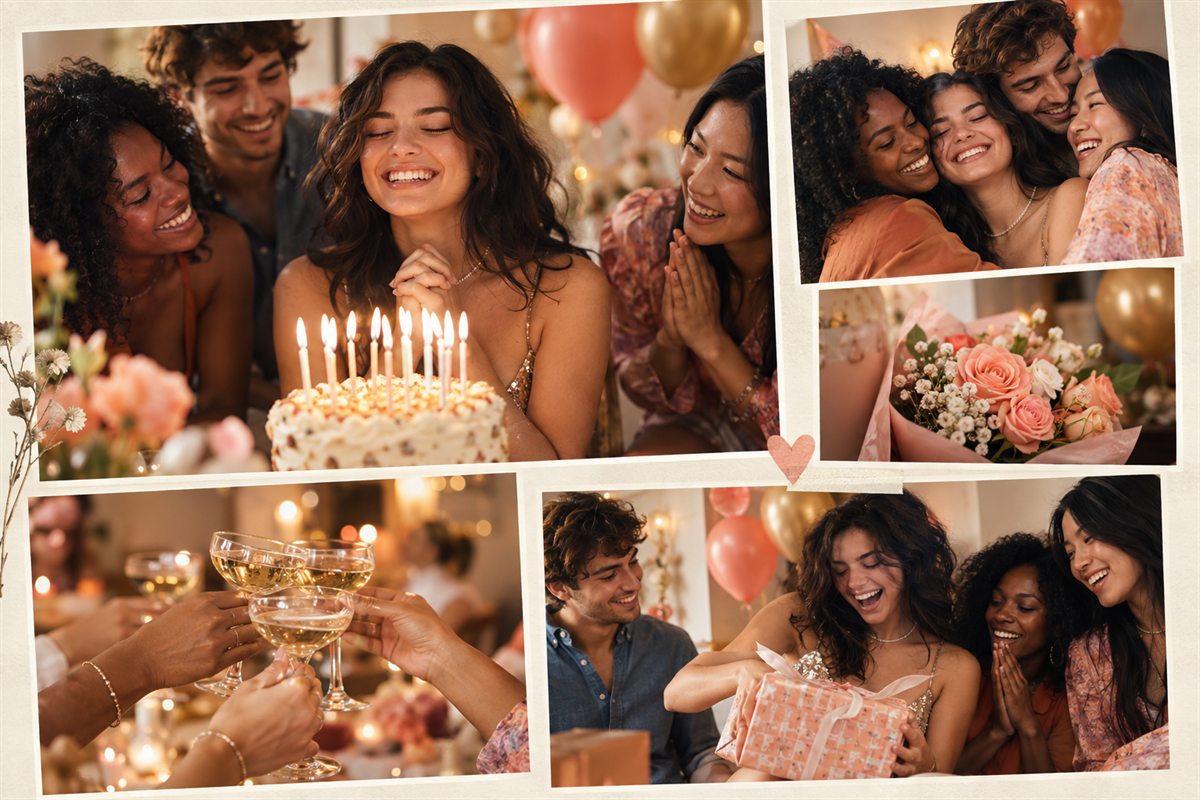 Example birthday photo collage showing friends celebrating with cake, flowers, drinks, and a gift