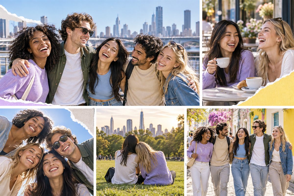 Example photo collage showing friends together in the city, at a cafe, and in a park