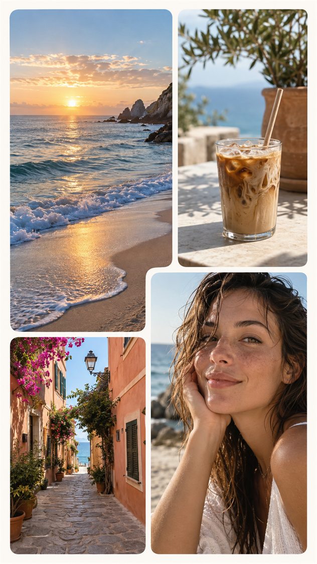 Example vertical Story collage showing a beach sunrise, iced coffee, colorful street, and portrait
